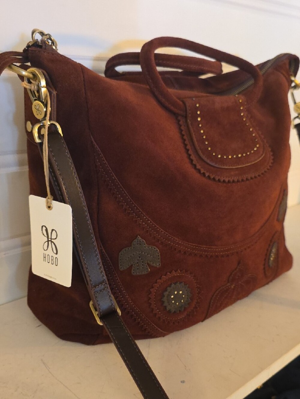 HOBO Chocolate Brown Suede Embroidered Shoulder Bag - Picture 10 of 10